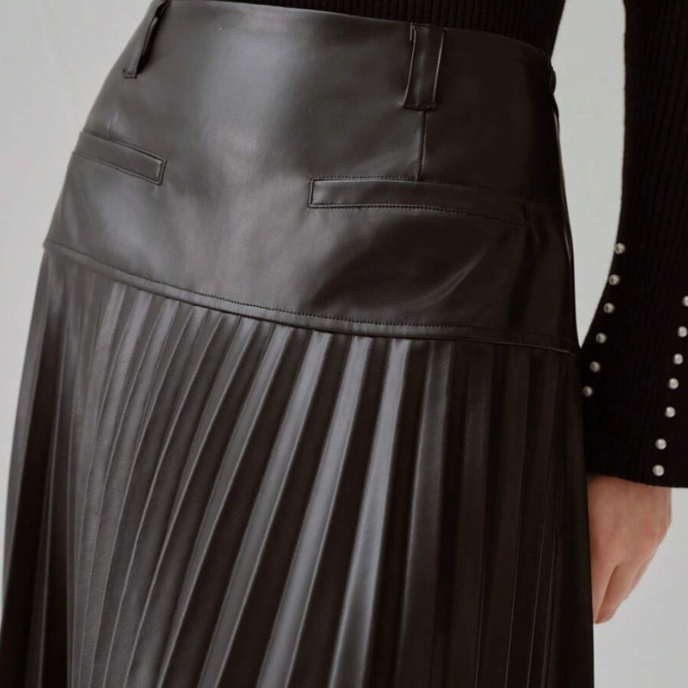 NWT Leather Pleated Midi Black Skirt